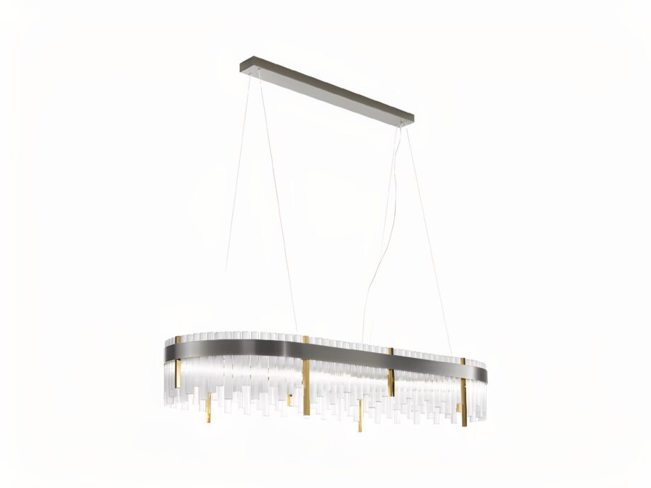 Elite Plaza chandelier | DV home. A luxurious Art Deco chandelier featuring a satin black nickel structure, hexagonal metal columns, and transparent cannetè glass.