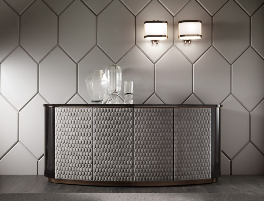 Vogue sideboard | DV home. A luxurious Art Deco sideboard with a curved silhouette, unique geometric doors, and a selection of exquisite materials.
