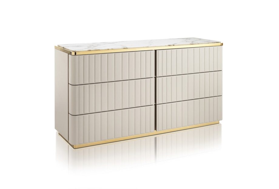 Elite chest of drawers | DV home. Elegant chest of drawers with leather fronts, marble top, and high-quality hardware.