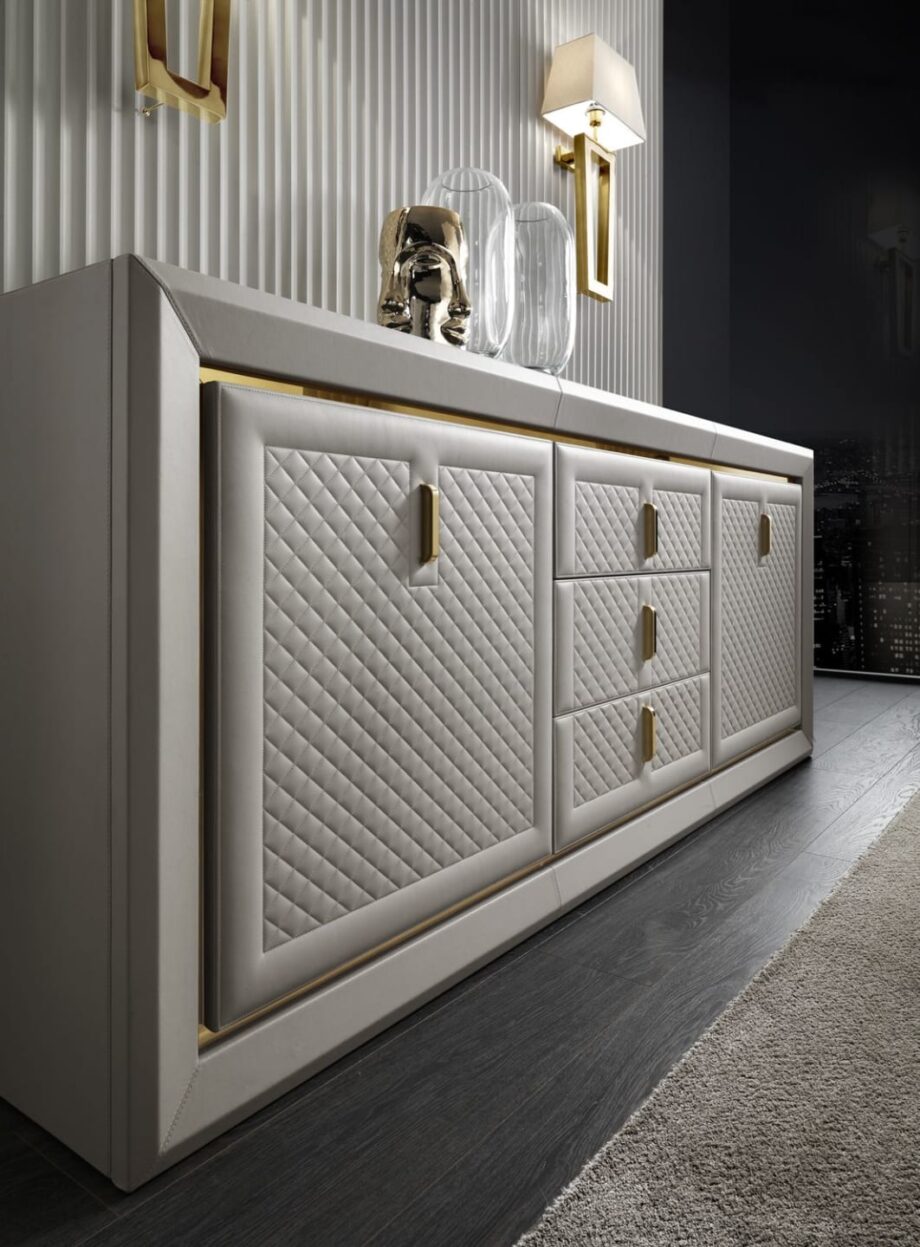 Adler Square display cabinet | DV home. Elegant buffet with marble top, quilted fronts, and metal inserts.