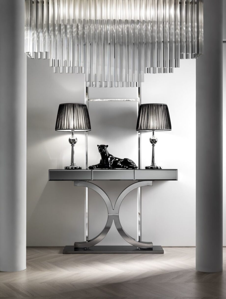 Kent Plus console | DV home. Luxurious Art Deco console with soft-close drawer, mirrored or wood top, and customizable stainless steel base.