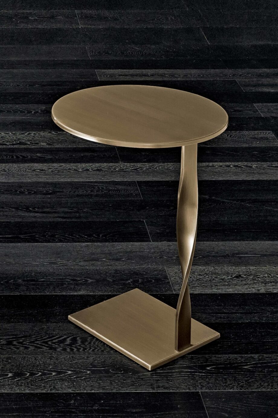 Globo coffee table | Rugiano. Elegant coffee/side table with twisted metal base and diverse wood, marble, or leather tops.