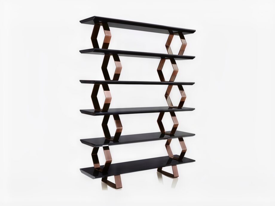 Ritz bookcase | DV home. Exquisite bookcase with geometric metal supports and versatile MDF shelves, embodying Art Deco luxury and Italian craftsmanship.