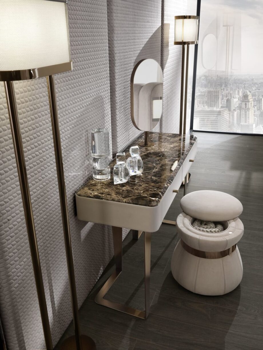 Ritz console | DV home. Luxurious Art Deco console with steel base, choice of lacquered or marble top, integrated mirror, and two drawers.