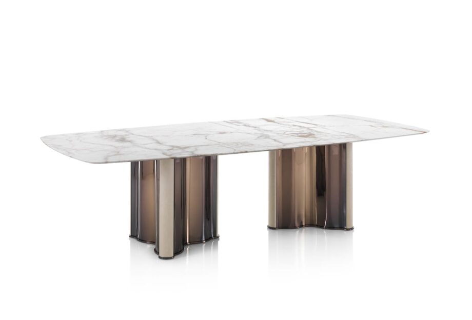 Manhattan table | DV home. Luxurious Art Deco table with polished stainless steel base, leather columns, and customizable marble or lacquered wood top.
