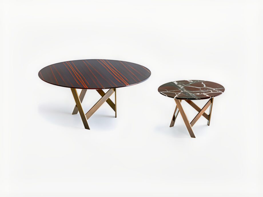 Gatsby coffee table | Rugiano. Elegant coffee table featuring a unique metal base and diverse top material options.