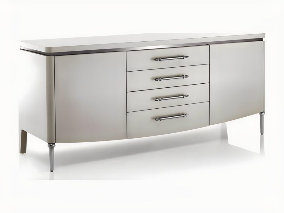 Egoist sideboard | DV home. Luxurious Art Deco sideboard with lacquered wood, polished metal accents, crystal shelves, and soft-close drawers.