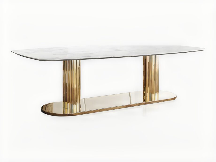 Douglas Suite table | DV home. Exquisite dining table featuring a luxurious marble top and opulent metallic base, perfect for creating a captivating focal point.