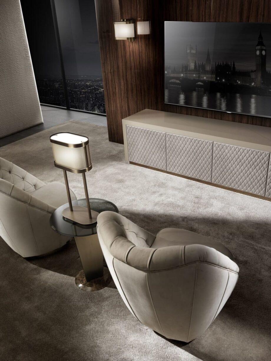 Envy tv furniture | DV home. Luxurious Art Deco TV unit with sophisticated design, mirrored facades, and functional shelving.