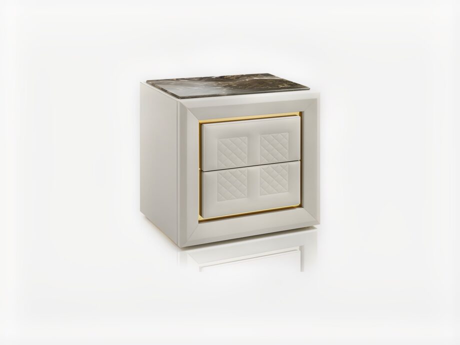 Adler Square bedside table | DV home. Luxury bedside table with leather upholstery, marble top, quilted front panels, and Blumotion soft-close system.