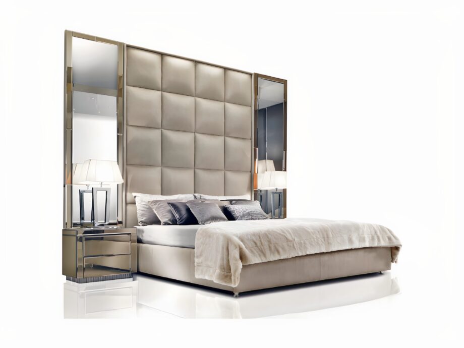 Duke Plus bed | DV home. Luxury bed with a high leather headboard and integrated mirrored panels, creating a glamorous bedroom statement.