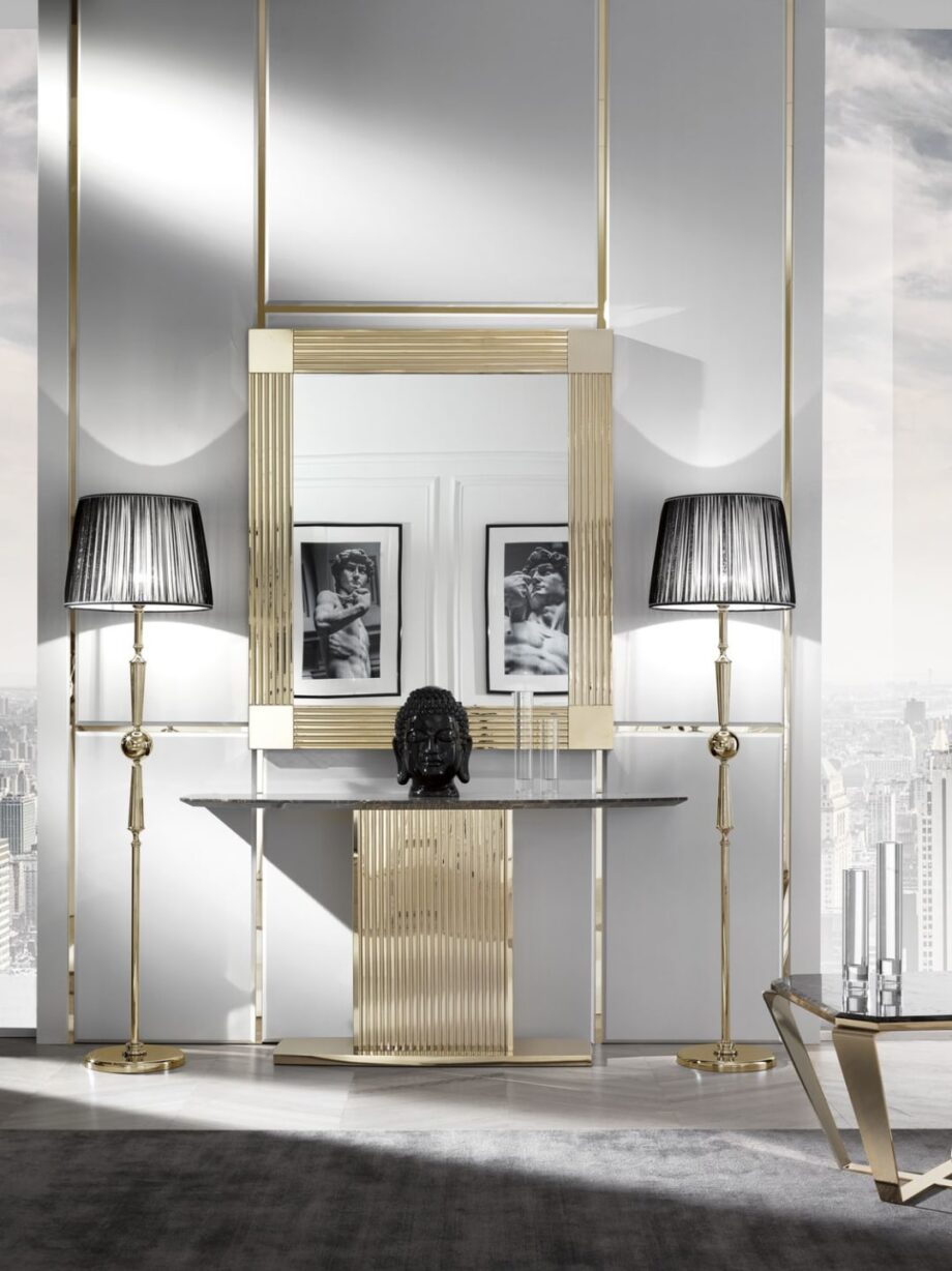 Douglas floor lamp | DV home. An exquisite Art Deco floor lamp with polished brass and chrome accents, featuring a luxurious fabric shade, perfect for sophisticated interiors.