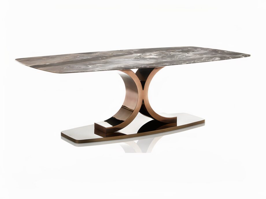 Kent Plus Suite table | DV home. Elegant dining table with a striking curved metal base and luxurious top options in wood, marble, or glass.