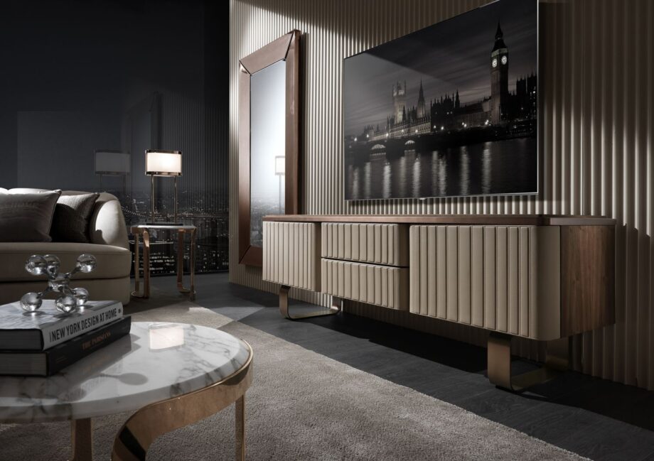 Elite tv furniture | DV home. Elegant Art Deco TV unit with sophisticated leather finish and striking metal legs.