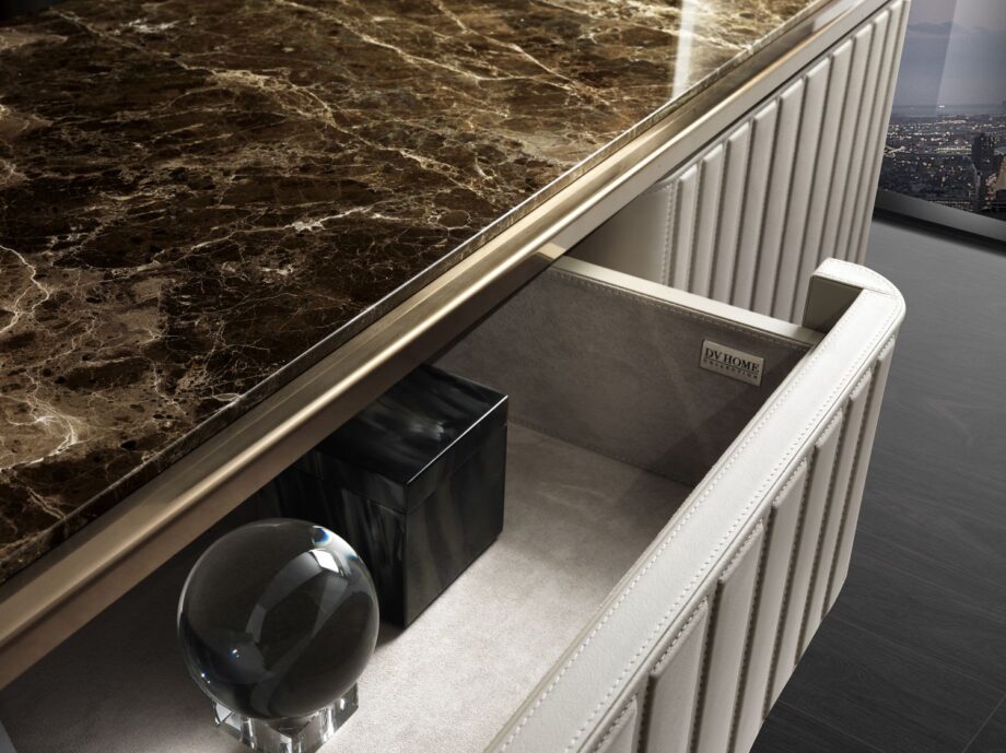 Elite sideboard | DV home. Luxurious Art Deco and Contemporary buffet with fluted design, premium leather/lacquer finishes, marble/walnut top, and stainless steel accents.