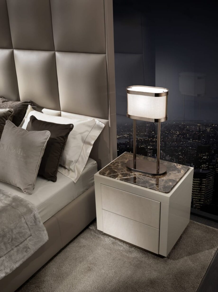 Envy bedside table | DV home. Exquisite Art Deco bedside table with mirrored, lacquered, or leather finishes, Blumotion drawers, and optional marble top.