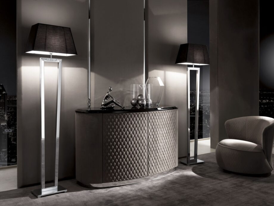 Ritz floor lamp | DV home. An exquisite Art Deco floor lamp with a sleek metal structure and elegant fabric shade, perfect for luxurious interiors.