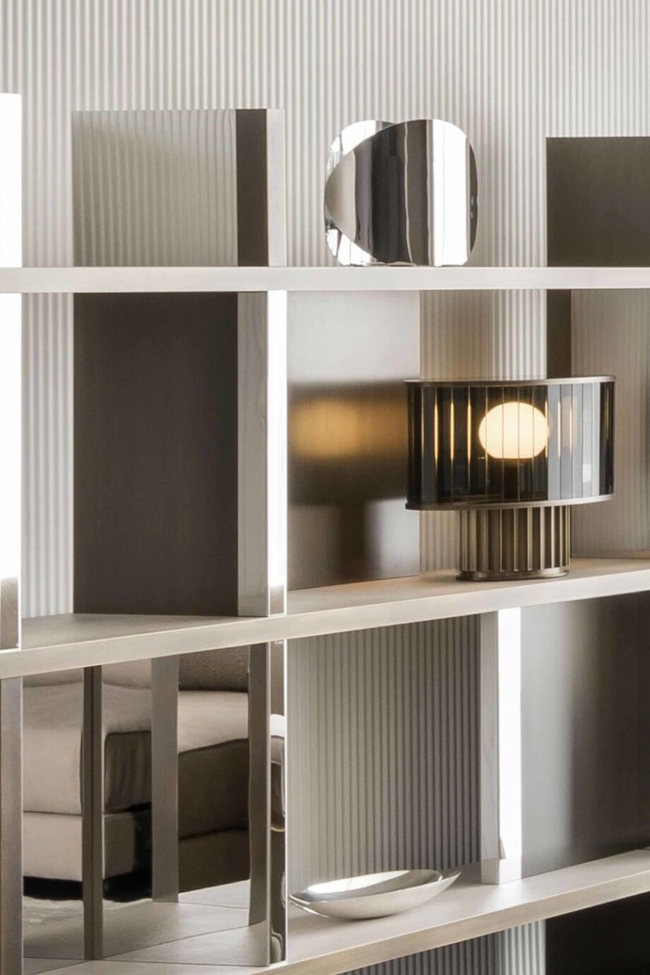 Asia bookcase | Rugiano. Modular high-end bookcase with luxurious upholstered structure and exquisite leather shelves, ideal for refined interiors.