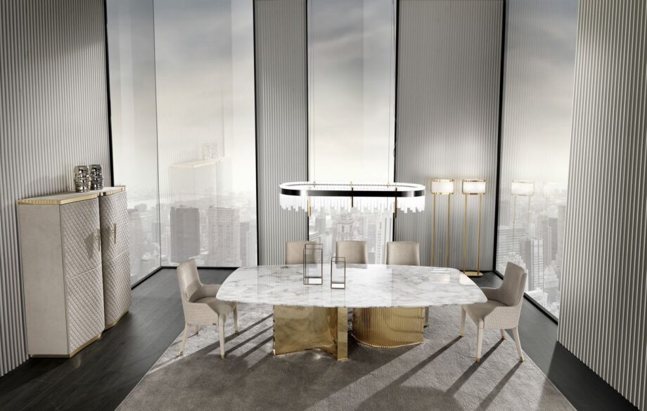 Tiffany table | DV home. Exquisite dining table featuring a luxurious marble top and a distinctive curved stainless steel base, embodying Art Deco elegance.