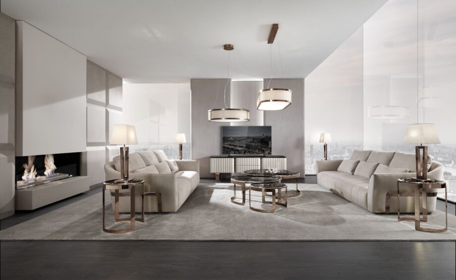Ritz sofa | DV home. Luxurious custom upholstered sofa with elegant steel frame and plush goose feather cushions, epitomizing Art Deco sophistication.