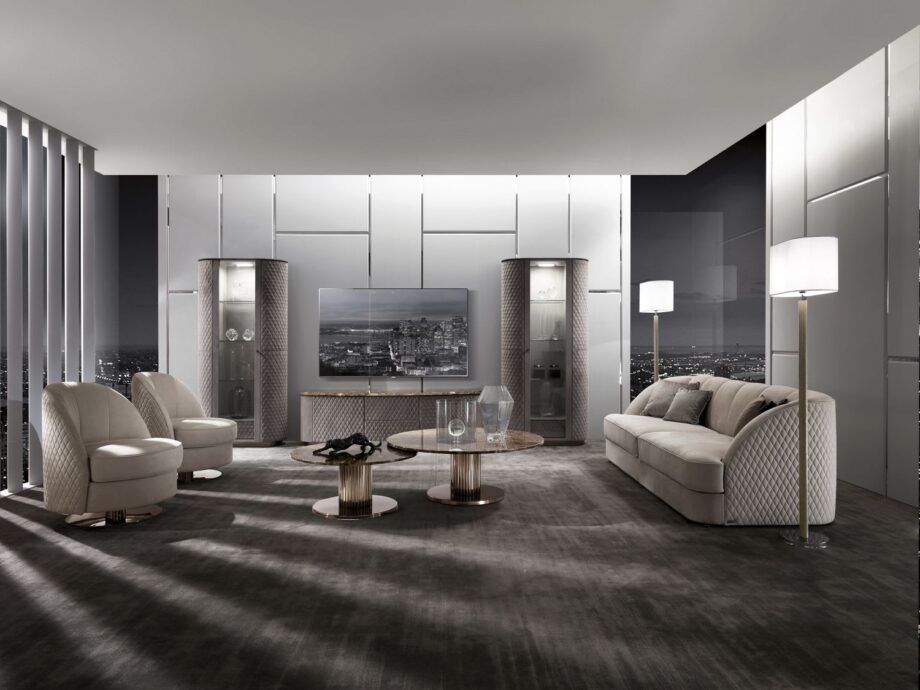 Adler floor lamp | DV home. Elegant floor lamp with a metal structure covered in alligator leather, chrome base, and a fabric shade, embodying luxury and contemporary design.