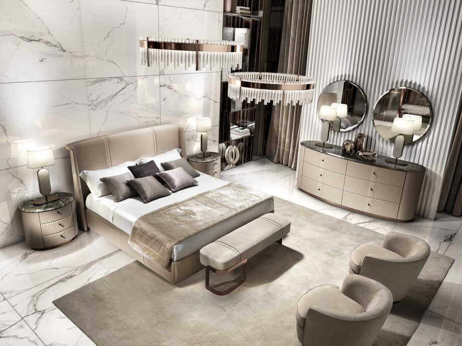 Coco bed | DV home. Luxurious bed with a high upholstered headboard, embodying Art Deco elegance and supreme comfort.