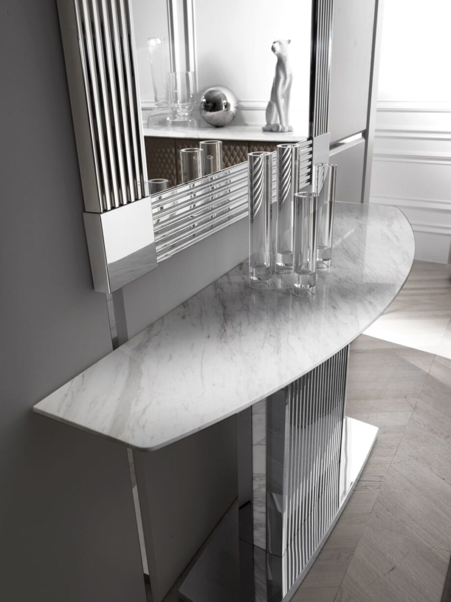 Windsor mirror | DV home. Exquisite Art Deco mirror with a polished stainless steel frame and bevelled glass, handmade for luxury interiors.