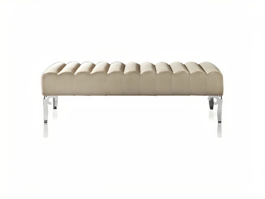 Post indoor benche | DV home. Hand-crafted Art Deco bench with tufted upholstery and shining chrome feet, offering luxurious custom seating.