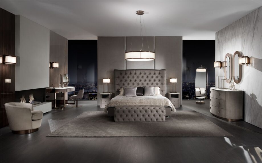 Bent mirror | DV home. Swivel floor mirror with a luxurious marble base and antique bronze metal frame.