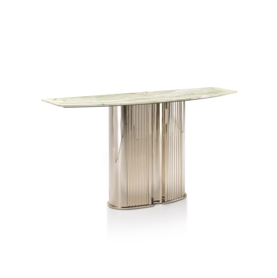 Windsor Lounge console | DV home. An exquisite console table blending Art Deco glamour with contemporary design, featuring a fluted metal base and a luxurious top.