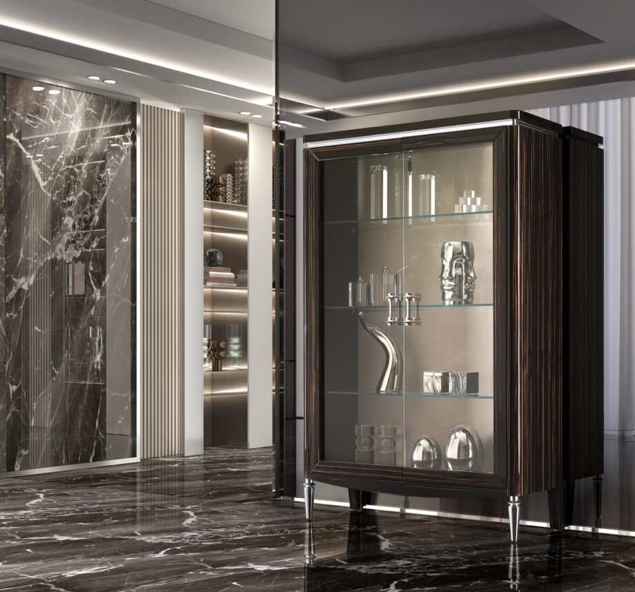 Egoist display cabinet | DV home. Exquisite display case with integrated lighting, crafted from veneered wood and tempered glass, featuring elegant brass details.