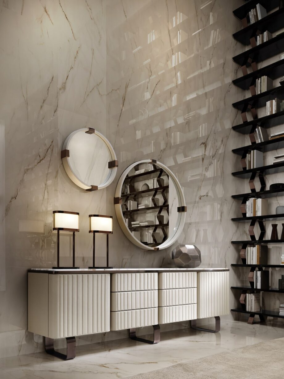 Elite sideboard | DV home. A luxurious Art Deco sideboard featuring exquisite leather or lacquered fronts, a marble or Canaletto walnut top, and polished steel details.