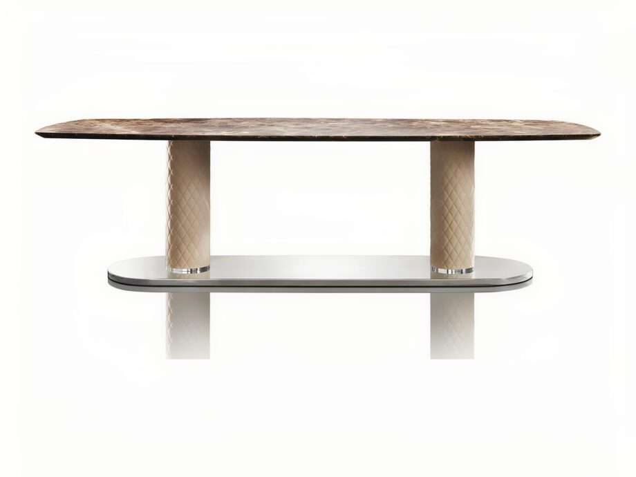 Adler table | DV home. Elegant dining table featuring a polished steel base, leather-clad columns, and a luxurious marble top.