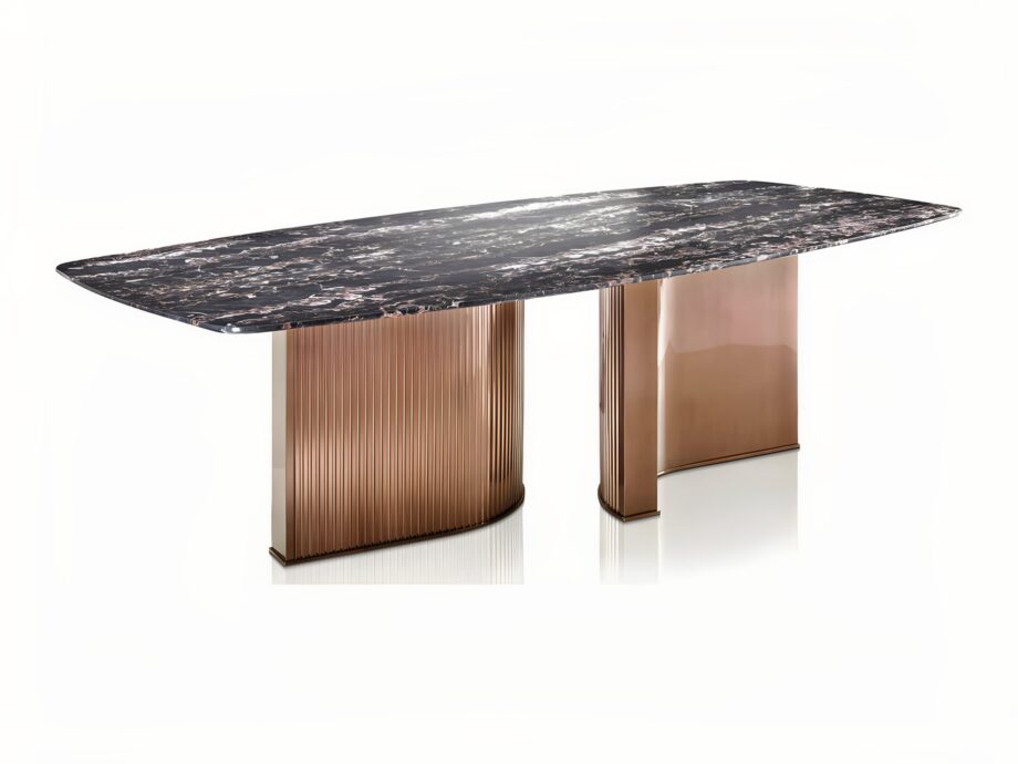 Tiffany table | DV home. Exquisite dining table featuring a luxurious marble top and a distinctive curved stainless steel base, embodying Art Deco elegance.