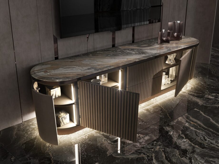 Hollywood tv furniture | DV home. Luxurious Art Deco TV unit with marble top, leather/lacquered finish, and integrated lighting.
