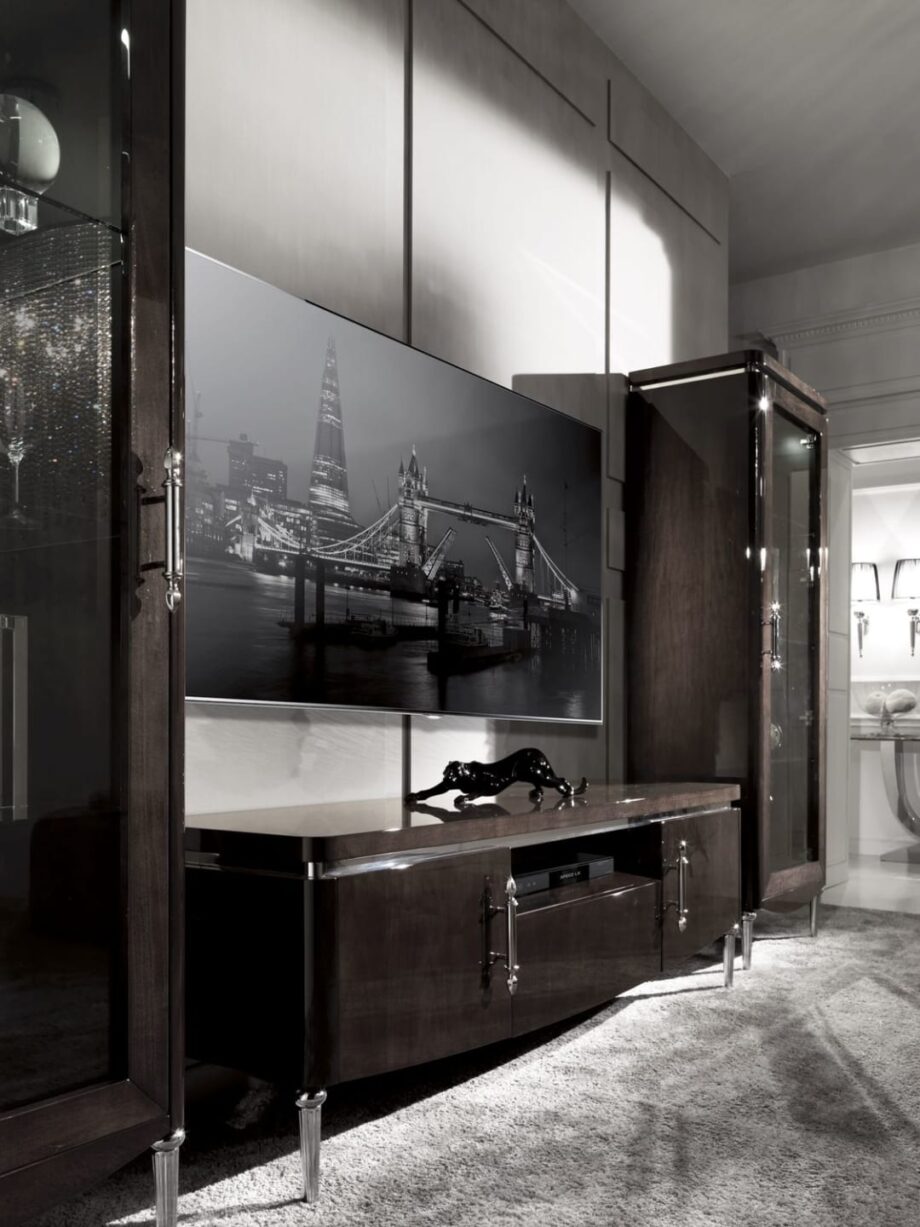 Egoist tv furniture | DV home. Exquisite Art Deco TV unit with lacquered wood, brass, and stainless steel details, offering luxurious storage.