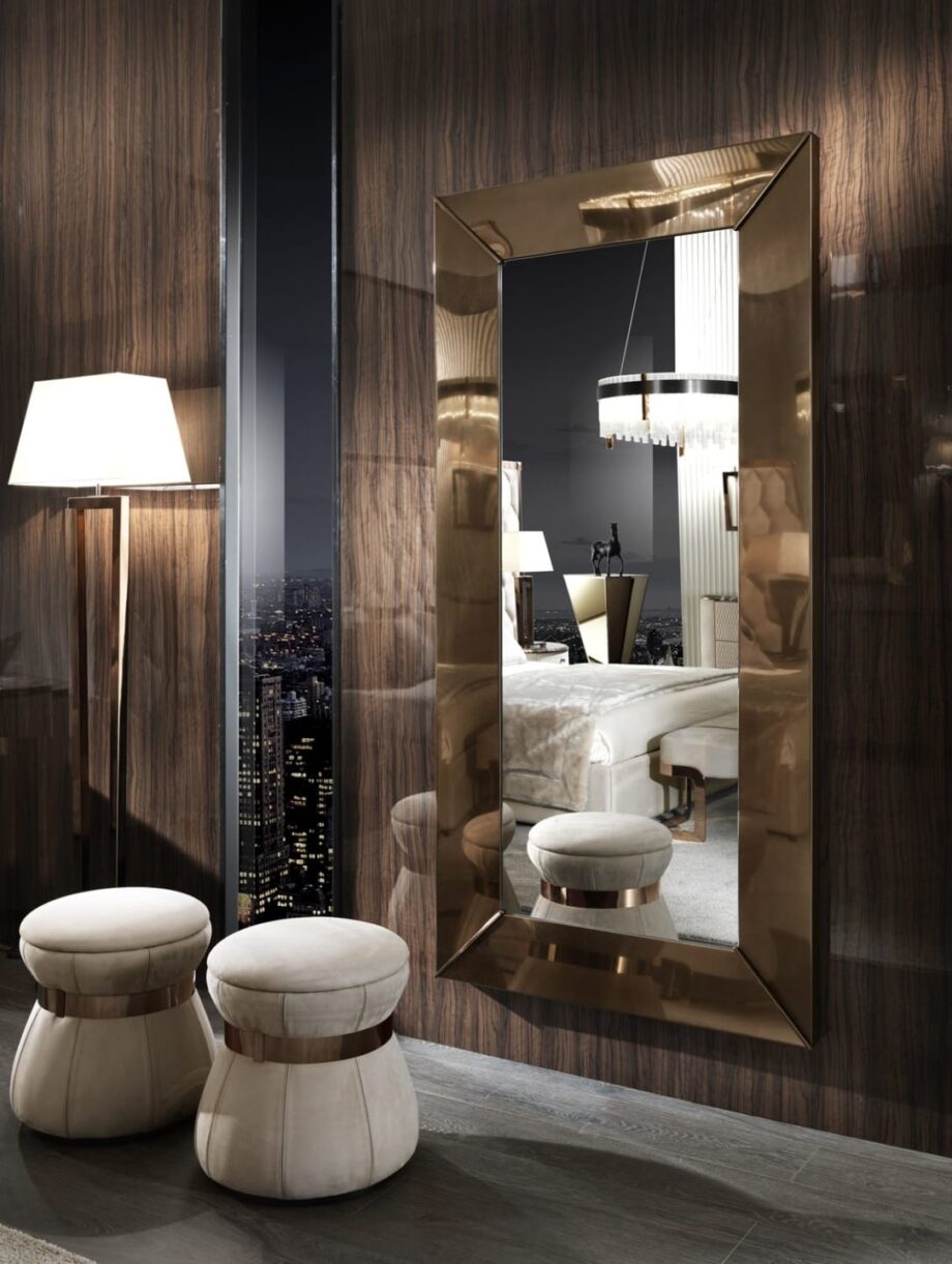 Tiffany mirror | DV home. Exquisite Italian luxury mirror with a sleek stainless steel frame, available in a variety of sophisticated metallic finishes.