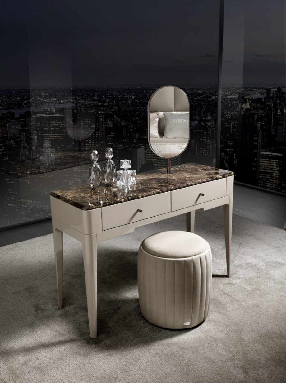 Elite dressing table | DV home. Exquisite Art Deco console featuring a luxurious marble top and two practical soft-closing drawers.