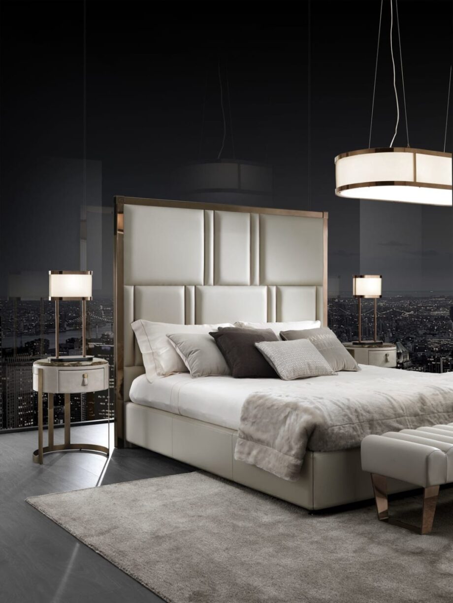 Byron Prince bedside table | DV home. Exquisite Art Deco bedside table, featuring luxurious leather and a striking antique bronze steel base with soft-close drawers.