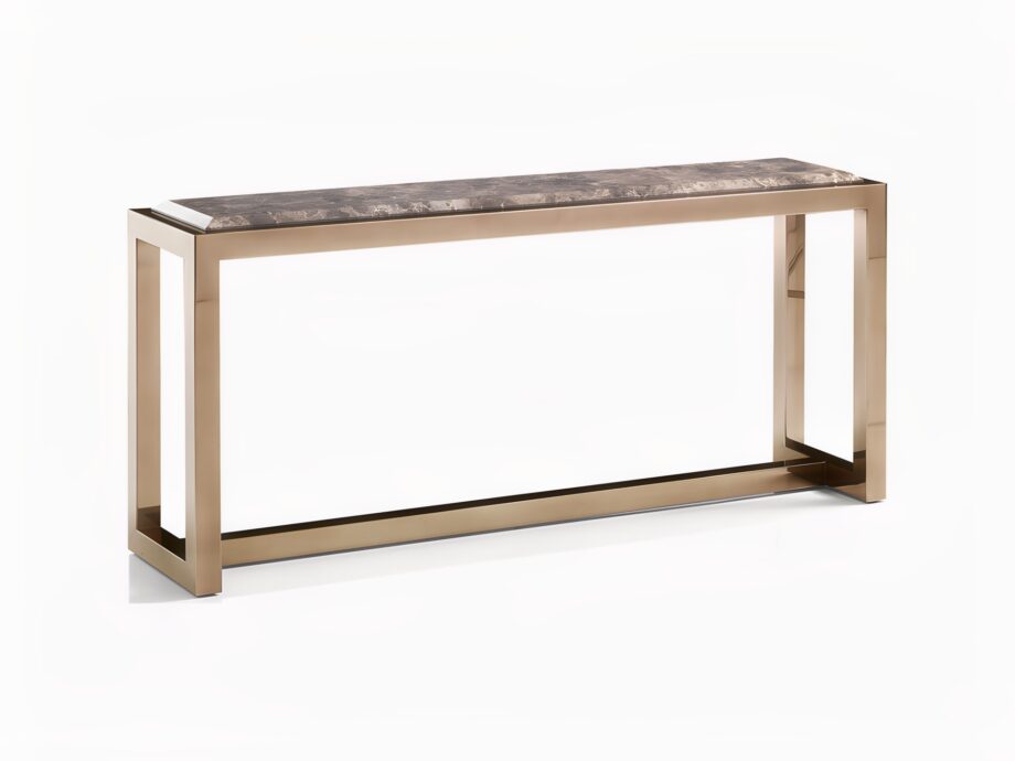 Age console | DV home. Luxurious console with a sleek stainless steel base and an elegant marble top, embodying timeless design.