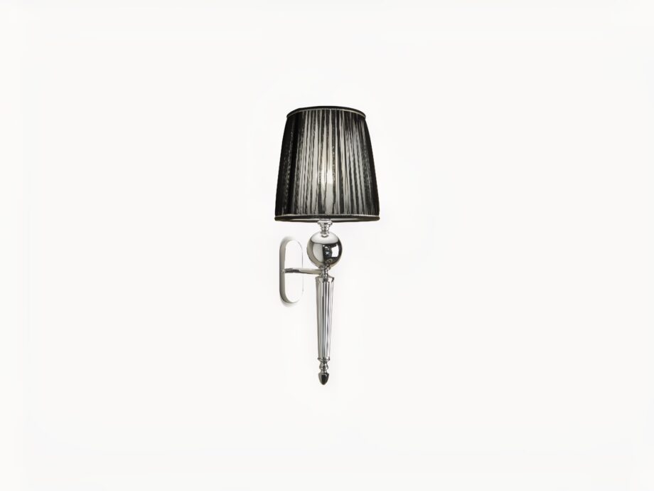 Douglas wall lamp | DV home. An exquisite Art Deco wall lamp featuring shining brass or chrome and a pleated fabric shade, perfect for luxury interiors.