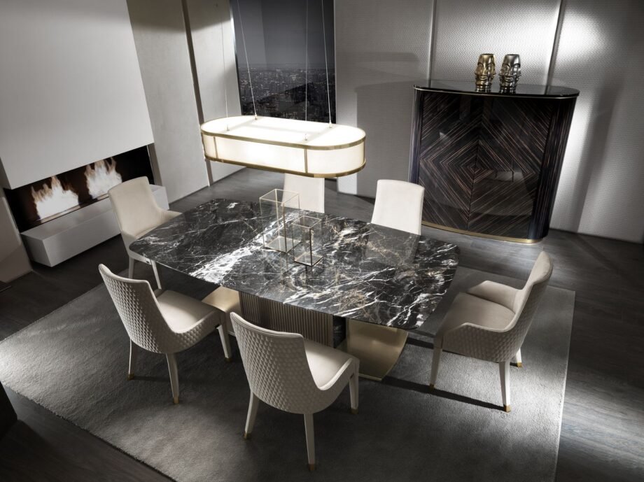 Windsor table | DV home. Luxurious Art Deco dining table with a fluted stainless steel base and exquisite marble or lacquered wood top.