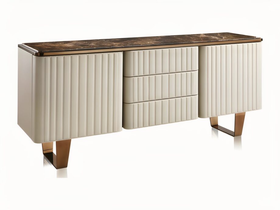 Elite sideboard | DV home. Luxurious Art Deco and Contemporary buffet with fluted design, premium leather/lacquer finishes, marble/walnut top, and stainless steel accents.