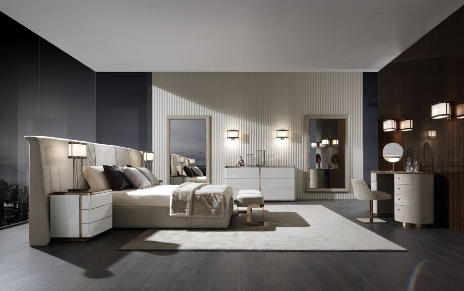 Coco Maxi bed | DV home. Luxurious bed with a high, tufted headboard, offering unparalleled comfort and sophisticated design.