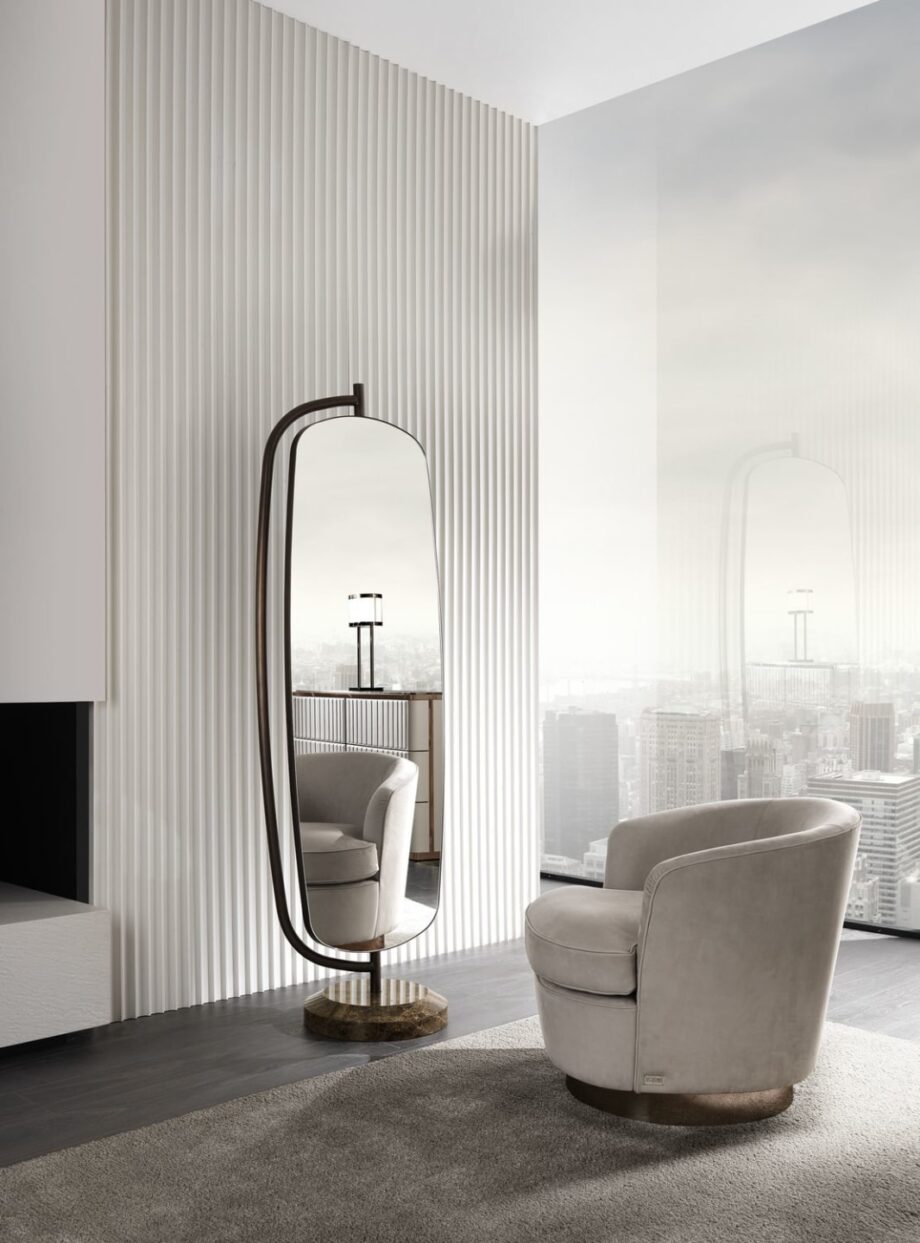 Bent mirror | DV home. Swivel floor mirror with a luxurious marble base and antique bronze metal frame.