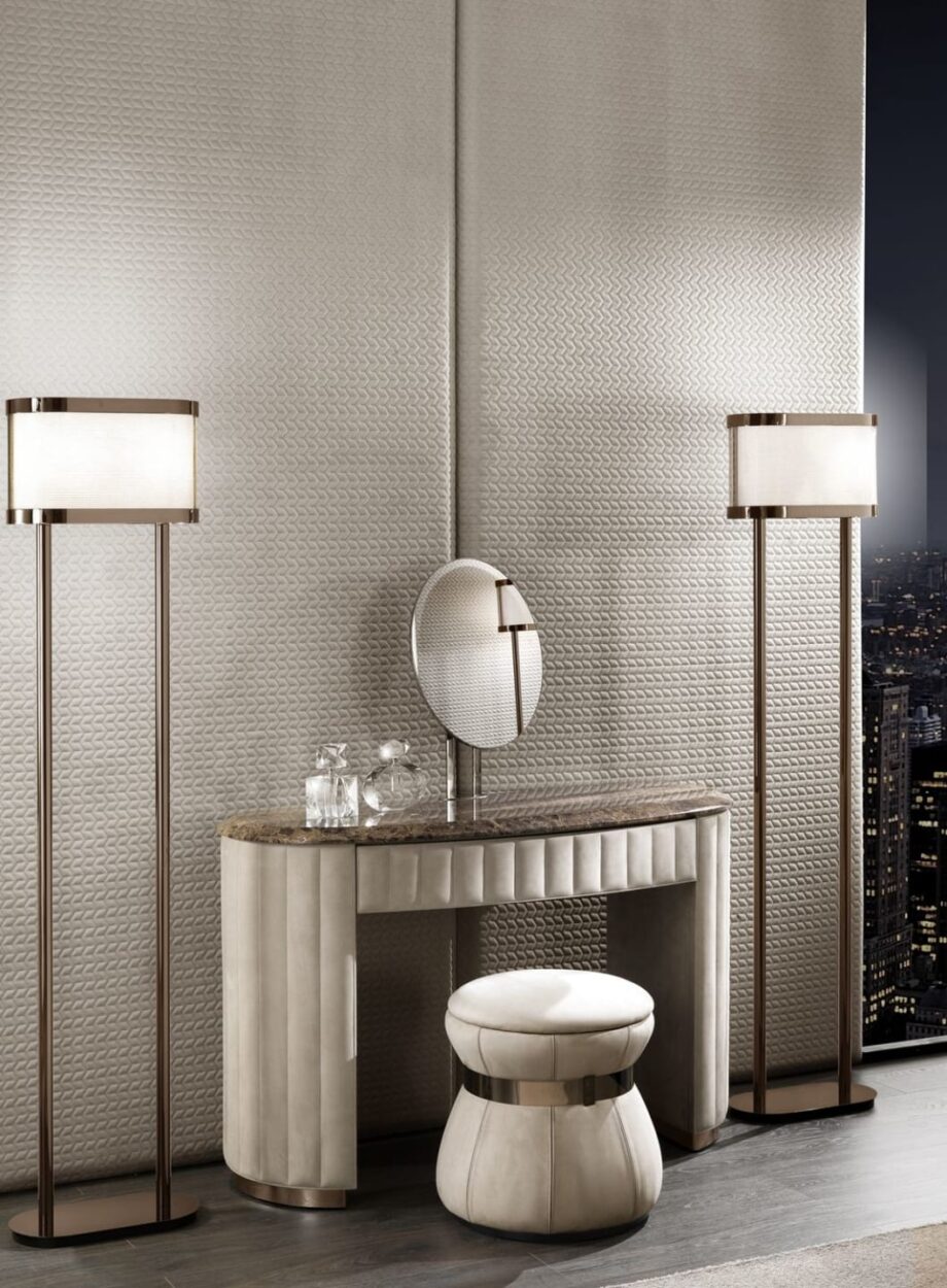 Vogue dressing table | DV home. Luxurious Art Deco console with leather upholstery, marble top, and Blumotion drawers.