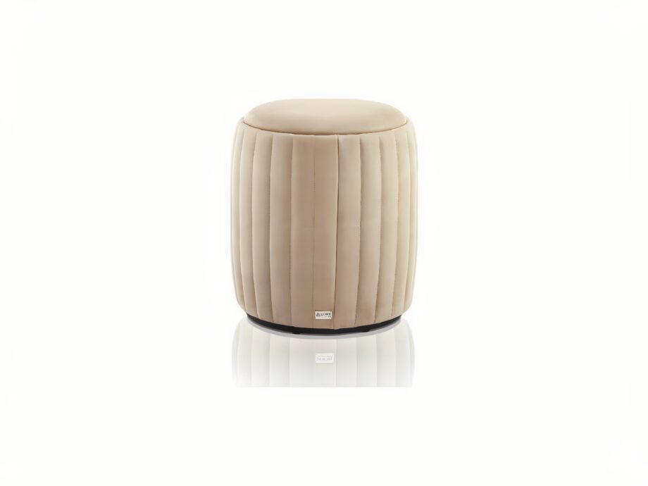 Hermes pouf | DV home. Luxurious upholstered pouf with ribbed design, solid wood frame, and custom finish options for versatile elegance.