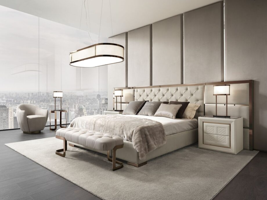 Gordon Plaza chandelier | DV home. Exquisite Gordon Plaza chandelier with metal frame and beige fabric shade, perfect for luxurious interiors.
