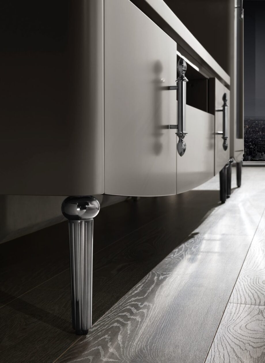 Egoist tv furniture | DV home. Exquisite Art Deco TV unit with lacquered wood, brass, and stainless steel details, offering luxurious storage.