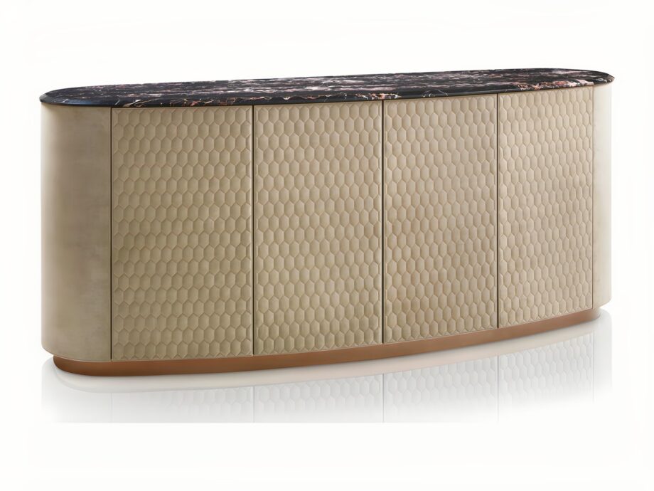 Vogue sideboard | DV home. A luxurious Art Deco sideboard with a curved silhouette, unique geometric doors, and a selection of exquisite materials.